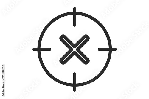 Wrong target vector icon. Missed goal concept illustration. Failure and error symbol. Rejection, cancellation mark. Crosshair with x sign for incorrect choice. Bad result.