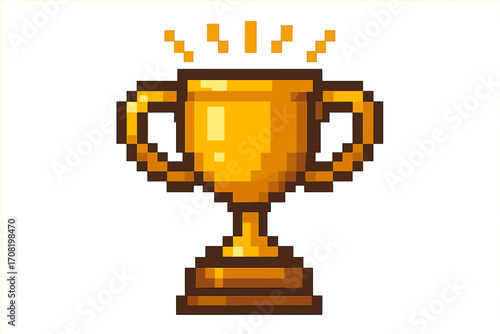 Pixel art trophy cup for victory. Golden award for winner. 8-bit retro game icon for achievement and success. First place prize symbol. Vector cartoon illustration isolated.