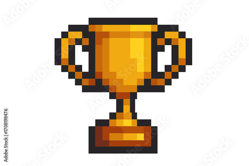 Golden trophy cup pixel art icon. 8-bit retro video game style vector illustration. Victory symbol for winner and champion achievement. First place award success concept.
