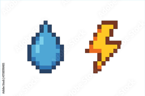Pixel art water drop and lightning bolt icon set. 8-bit retro video game assets. Weather symbols for nature and energy. Vector illustration of a blue aqua tear and a yellow thunder flash.