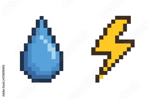 Water drop and lightning bolt pixel art icons. Retro 8-bit video game sprite assets. Vector set of weather, nature, energy, and power symbols. Cartoon aqua and electric flash illustration.