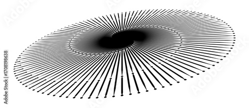 Lines in circle abstract background. Dynamic transition illusion. Black shape on a white background. Perspective view.