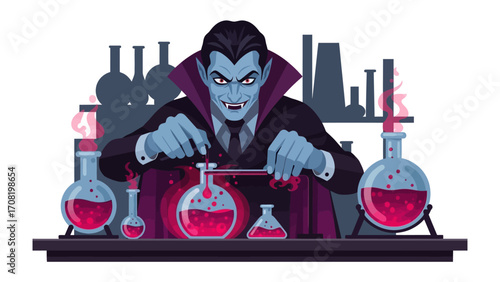 Spooky Alchemist: A gothic illustration showcasing a menacing vampire engrossed in crafting a potion within a vintage laboratory setting, with intense red liquid swirling in the beakers.