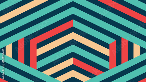 Seamless geometric chevron pattern in teal, coral, and beige on a dark blue background repeating