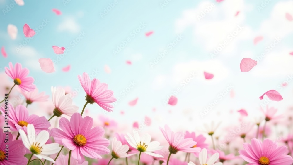 Fototapeta premium Pink and White Daisies Dance Under a Bright Blue Sky