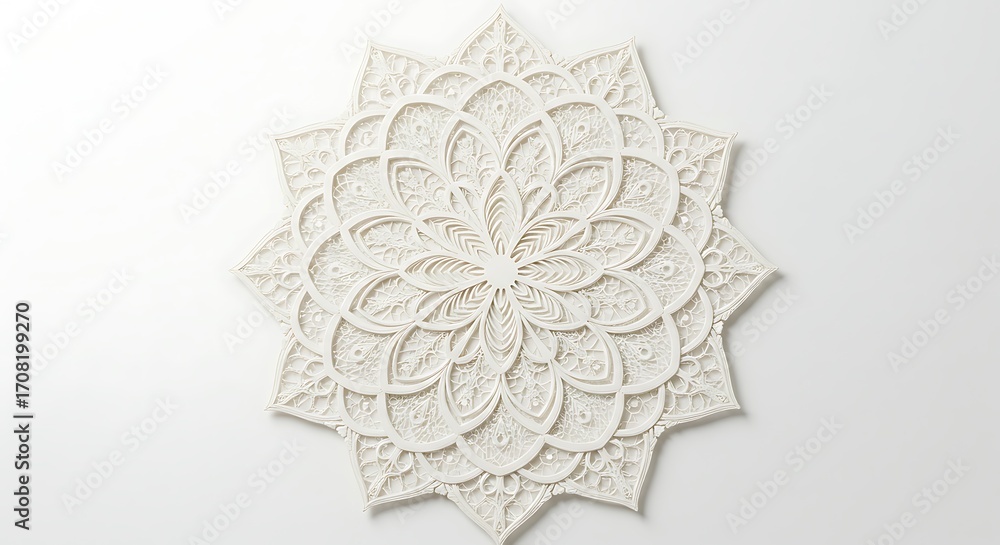 Fototapeta premium Ornate white paper mandala with intricate floral and leaf designs on a plain white background surface
