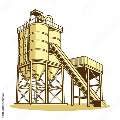 a cement silo with a conveyor belt and stairs