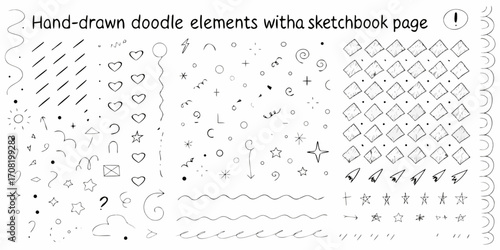 Hand drawn doodle elements and patterns on sketchbook page