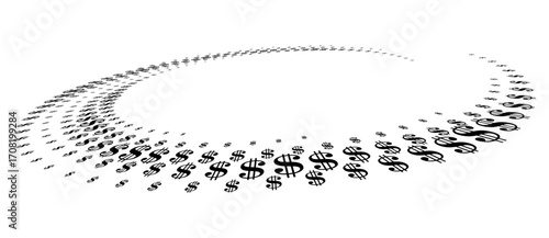 Dollar black sign in circle form. Halftone effect with US currency sign. Perspective view spiral.