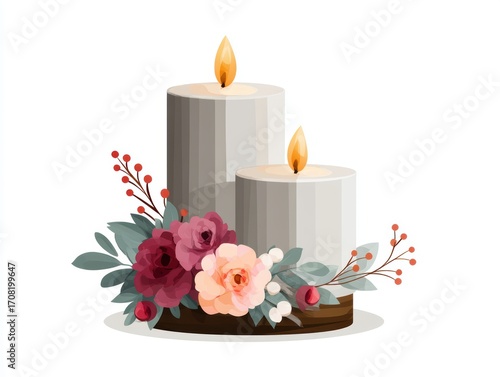 Elegant still life, two burning candles adorned with delicate flowers and lush green leaves on white