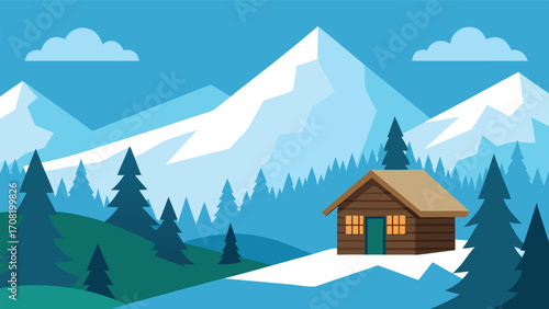 Cozy wooden cabin nestled in snowy mountain landscape peaceful winter scene vector