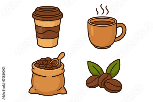 Coffee icon set cartoon vector illustration. Takeaway paper cup, hot drink mug, bean sack, plant leaf. Graphic elements for cafe menu, web, app, branding, sticker. Espresso, latte.