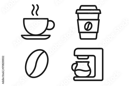 Coffee line icon set vector graphic. Simple thin outline symbols for cafe menu. Includes hot coffee cup, takeaway paper cup, coffee bean, and coffee maker machine icon.