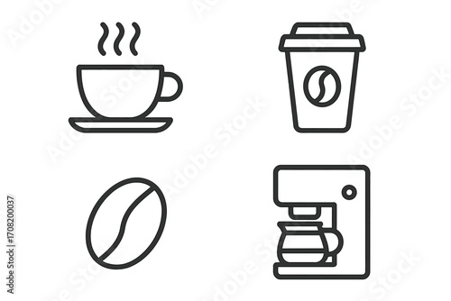 Coffee icon collection. Set of simple vector line icons for web and apps. Cafe symbol, hot drink, espresso pictogram. Coffee cup, bean, takeaway paper cup, coffee maker.