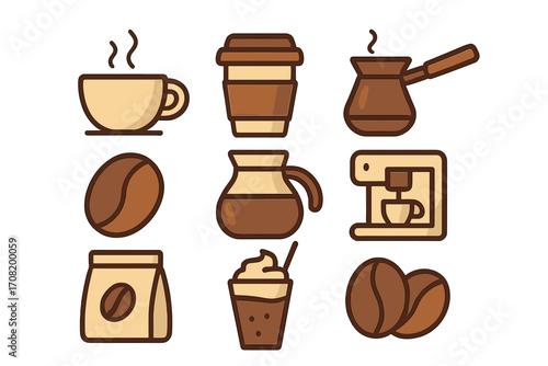 Coffee icon set for cafe and restaurant menu. Barista tools and drinks collection. Vector line icons of espresso, latte, cappuccino, coffee machine, bean, pot, takeaway cup.