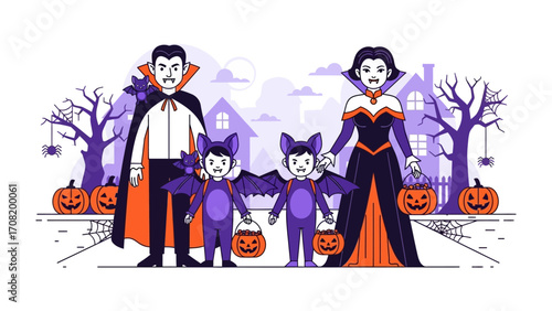 Spooky Night Out: A vampire family, adorned in their ghoulish attire, stands on a quaint street in anticipation of Halloween night, surrounded by jack-o'-lanterns.
