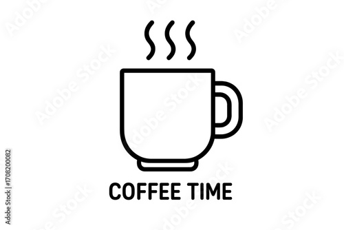 Coffee time lettering with cup line icon. Hot drink mug with steam. Minimalist outline pictogram. Vector symbol for cafe menu, logo, morning beverage, tea, espresso, cappuccino.