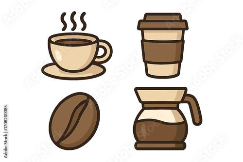 Coffee icon set with flat cartoon design. Vector symbols for cafe menu concepts like hot drink, to-go cup, bean, and pot. Morning brew illustration for web and apps.