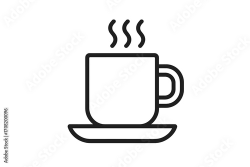 Coffee cup icon. Minimalist line art pictogram of a hot drink with steam. Tea mug on saucer symbol for cafe menu, coffee break, web design. Morning beverage vector.