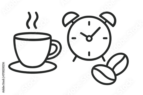 Coffee time vector line icon. Morning coffee break concept with alarm clock, hot cup, and beans. Wake up, energy drink illustration for cafe menu, web, and apps.