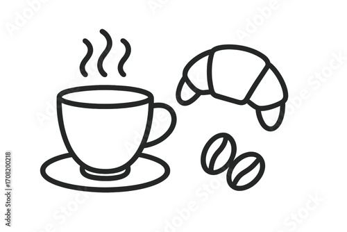 Coffee time icon with steaming cup, croissant and beans. Outline vector illustration for cafe menu, breakfast logo, or coffee break sign. Simple linear graphic for hot drinks.