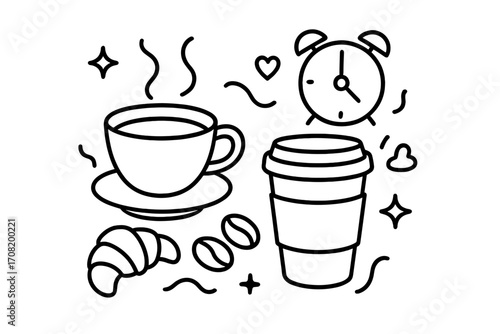 Coffee time doodle icon set. Outline drawing of a coffee cup, croissant, beans, and alarm clock for a cafe menu. Morning breakfast vector linear illustration for web and apps.