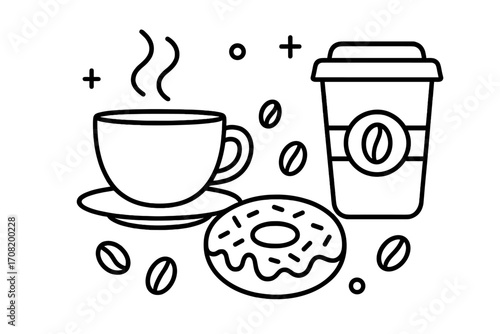 Coffee time outline illustration with a donut and coffee beans. Vector linear icons for a cafe menu, breakfast, or coffee break. Hot drink, beverage, and sweet pastry concept.