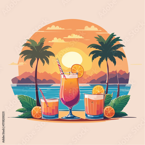 Sunset Beach Cocktails Pixel Art Tropical Drinks Summer Vacation