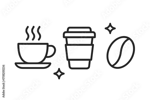 Coffee time icon set. Modern outline style vector collection with steaming hot cup, to-go mug, and roasted coffee bean. Simple line art for cafe menu, apps, and web design.