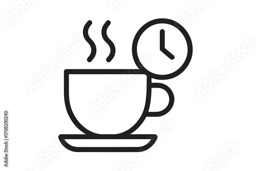 Coffee time outline line icon. Hot drink, tea break symbol. Steaming mug and clock illustration for web design, apps, advert. Vector graphic of espresso, latte, cappuccino.
