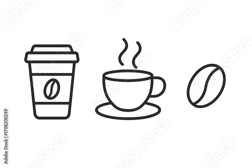 Coffee time icon set linear vector. Take away paper cup, hot drink mug, coffee bean symbol collection. Outline minimalist graphic elements for web design, menu, app.