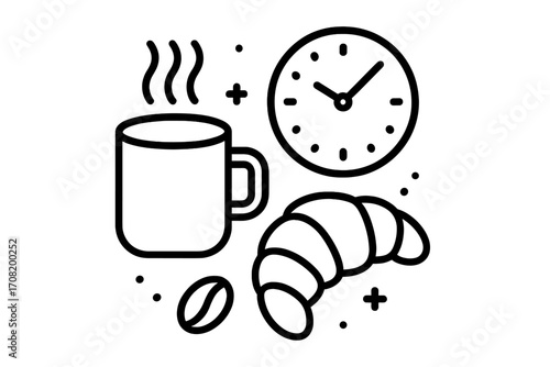 Breakfast time linear icon set. Coffee cup with steam, croissant pastry, and clock symbol. Morning food and drink concept for cafe menu, bakery sign, web graphic vector.