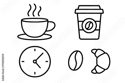 Coffee time icon set. Linear symbols for graphic and web design. Morning breakfast concept with coffee cup, croissant, bean, and clock. Takeaway drink vector illustration.