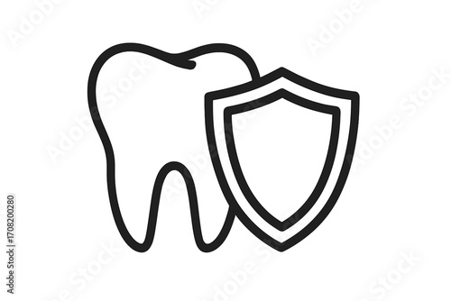 Tooth protection icon. Dental care symbol. Tooth with shield line art. Stomatology, oral hygiene concept. Dentistry logotype. Health care. Dental insurance sign. Vector.