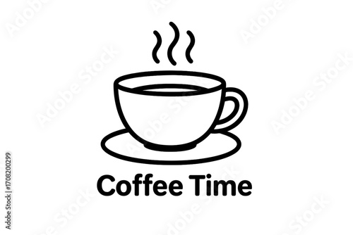 Coffee time lettering with cup outline symbol. Hot drink mug icon for cafe menu, restaurant logo. Simple vector line art for morning espresso, cappuccino break. Breakfast concept.
