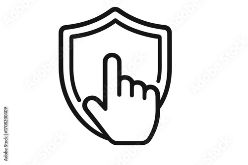 Hand clicking on shield icon for security and safety. Concept of protection, web defense, and trust. Vector line illustration for internet cybersecurity and data privacy.