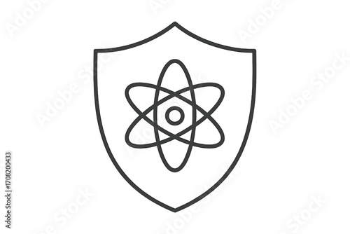 Atomic shield vector icon. Nuclear energy protection symbol. Science and technology security concept. Quantum physics research safety logo. Minimalist line art illustration.