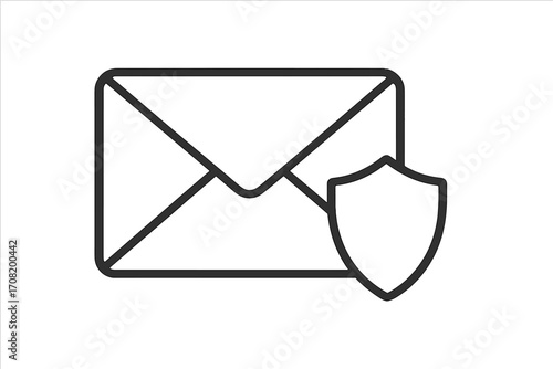 Email protection icon with shield. Secure mail and message safety concept. Spam filter, data privacy, antivirus symbol. Vector line art for web and app design illustration.