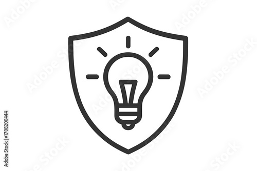 Intellectual property protection icon. Idea security symbol. Patent, copyright, and brand safety concept. Lightbulb in a shield. Innovation safeguard vector illustration.