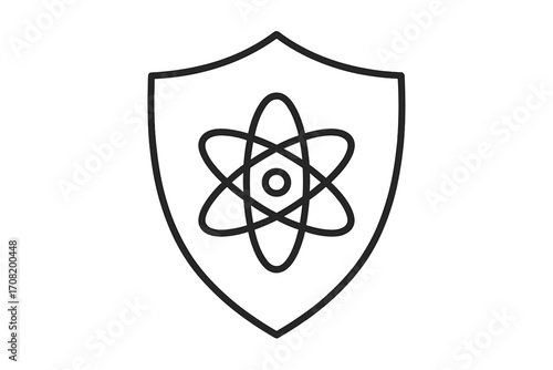 Nuclear protection shield icon. Atomic energy safety symbol. Science technology defense sign. Physics research security logo. Quantum power safeguard vector emblem design.