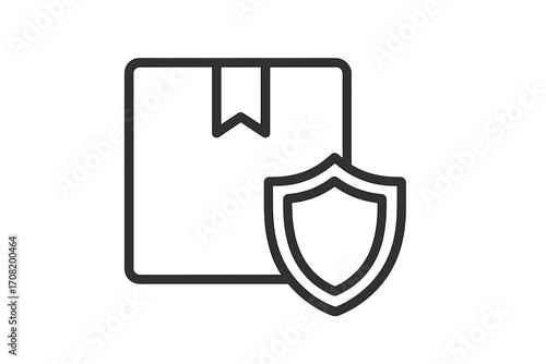 Secure delivery icon with package and shield. Shipping insurance and cargo protection concept. Safe parcel guarantee sign for logistics, e-commerce web design and apps. Line art.