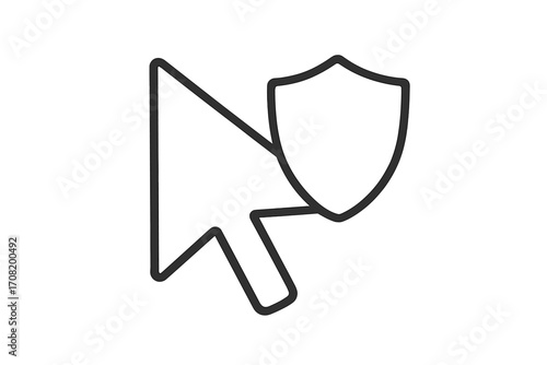 Cursor with shield icon for internet security and safe browsing. Concept for data protection, privacy, antivirus software, and secure clicking. Vector line art illustration.