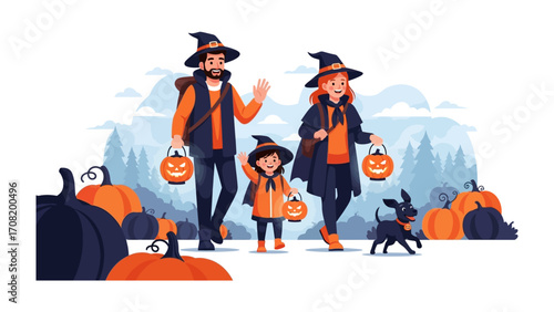 Halloween Family: A spirited family clad in witch costumes sets out for a night of trick-or-treating.