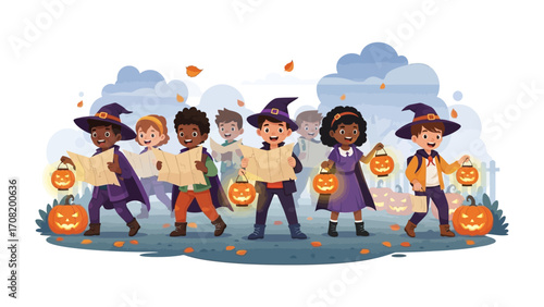 Halloween Costume Parade: An enchanting illustration captures a group of young children, dressed in whimsical Halloween costumes, joyfully parading through a festive atmosphere.