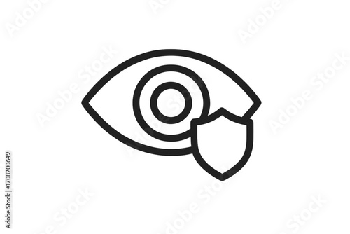 Eye protection icon with shield. Vision care, security, and privacy concept. Data protection and safety symbol. Secure look. Ophthalmology health insurance vector logo.