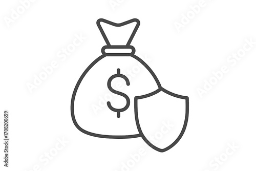 Money bag with shield icon. Financial security and protection concept. Investment savings insurance. Secure deposit and payment guarantee. Finance safety thin line vector.