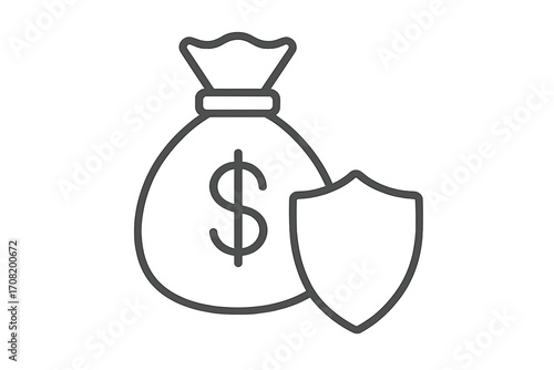 Money protection icon. Financial security and savings insurance concept. Vector line art of a money bag with a dollar sign and shield. Investment safety and wealth guarantee.