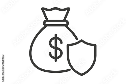 Financial protection, secure investment vector icon concept. Money bag with dollar sign and shield. Symbol for insurance, savings safety, wealth guard, and financial stability.