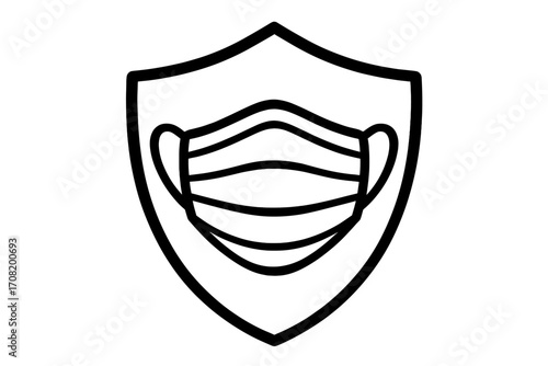 Shield with medical mask icon. Concept of protection, safety, immunity and health. Vector outline for web design, apps, ads. Symbol of defense against virus, bacteria, disease.