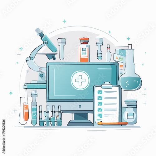Medical Research: Computer Screen with Test Tubes, Microscope, and Checklist